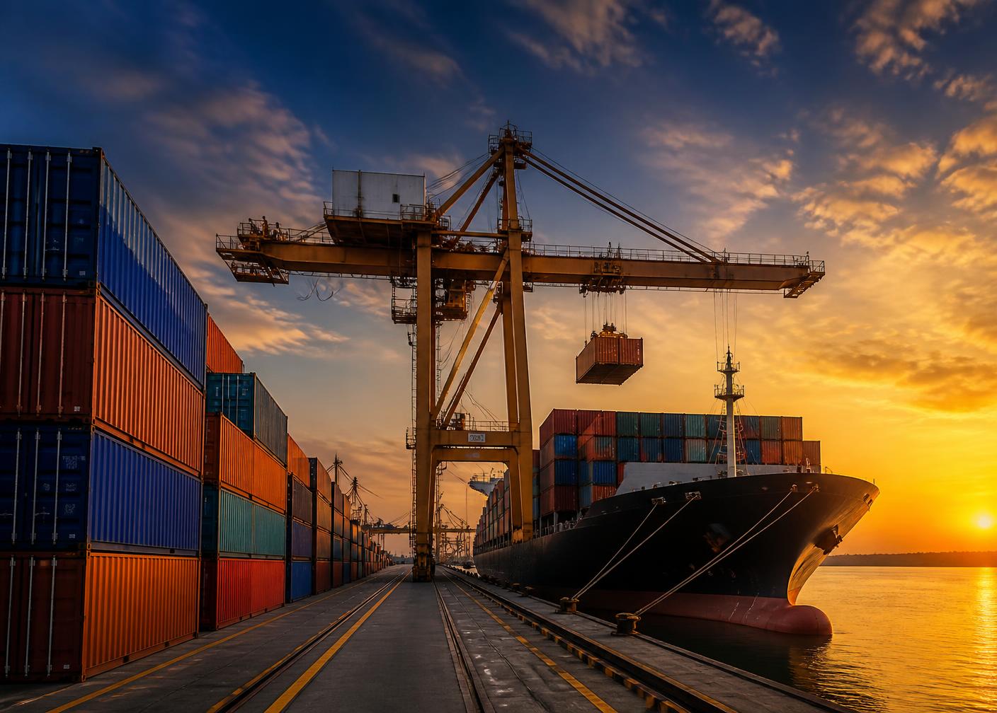 International container terminal with gantry cranes loading a cargo vessel at sunset