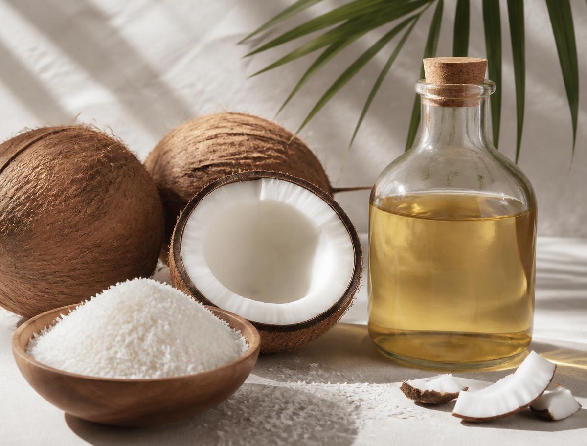 Whole and halved coconuts with desiccated coconut and coconut oil