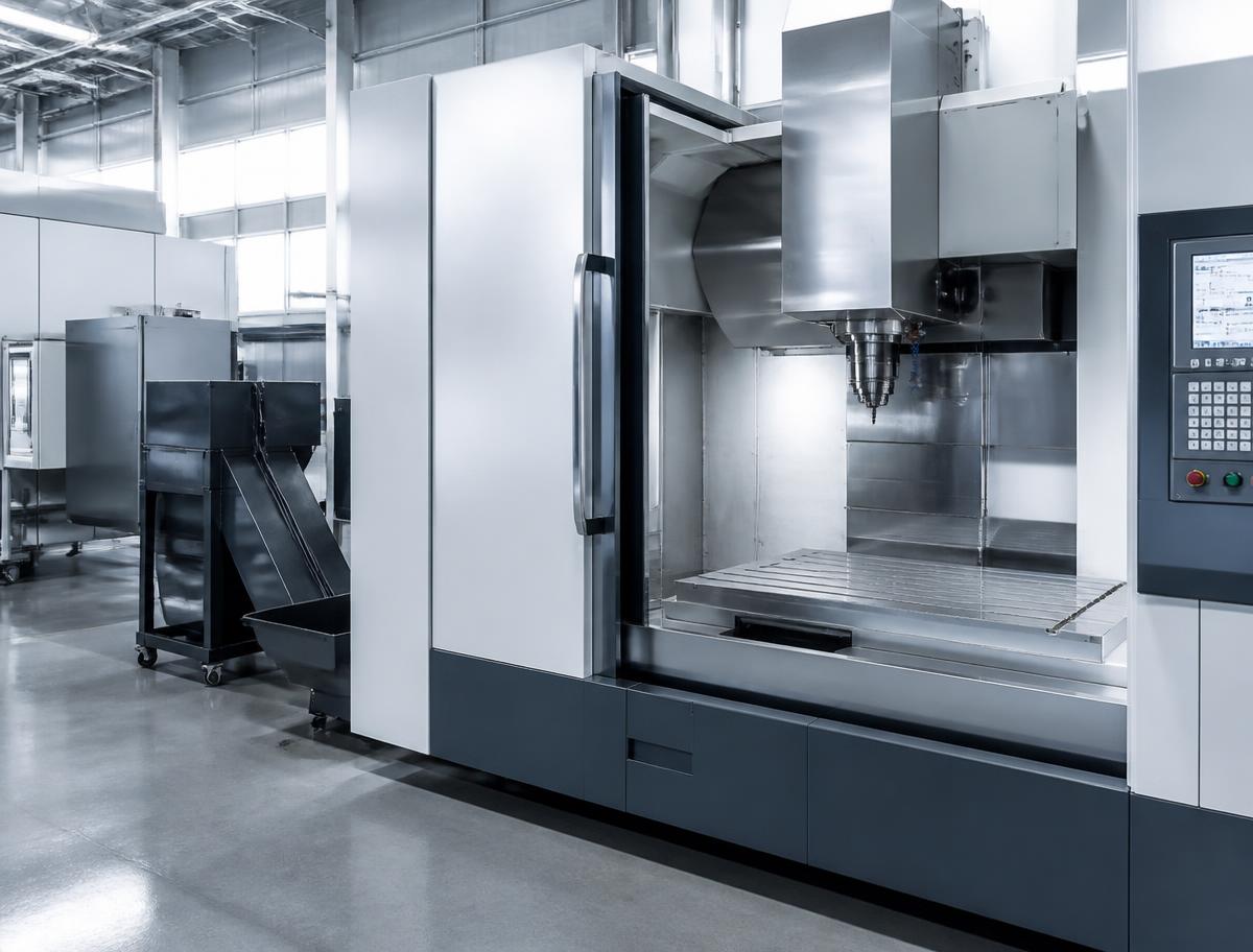 Modern industrial processing machinery in a bright factory hall