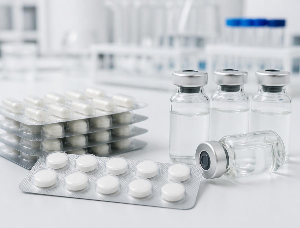 Pharmaceutical blister packs, tablets and glass vials on a clean laboratory surface