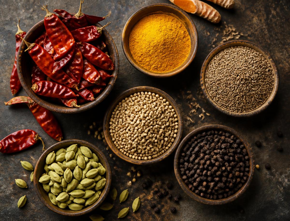 Indian whole spices including red chilli, turmeric, cumin and cardamom in bowls