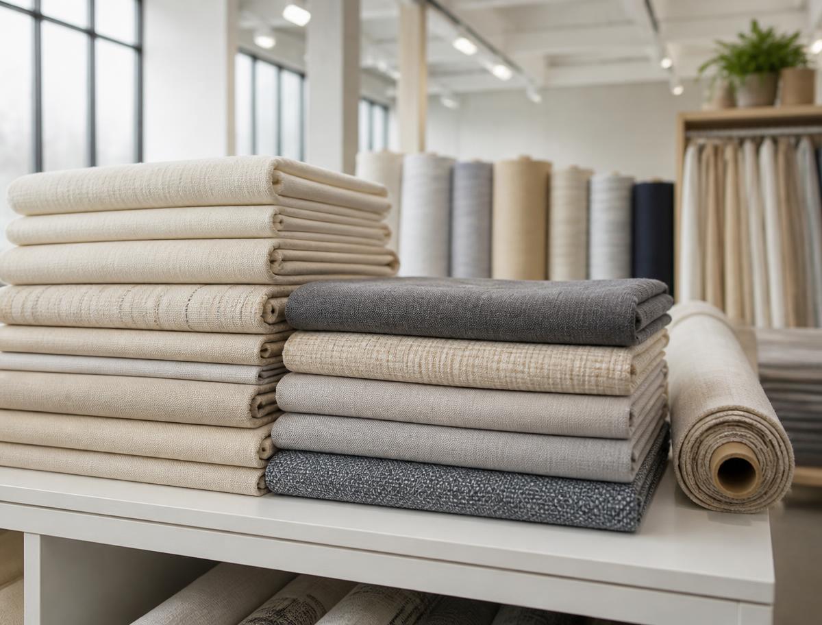 Folded cotton fabrics and fabric rolls in a bright textile showroom