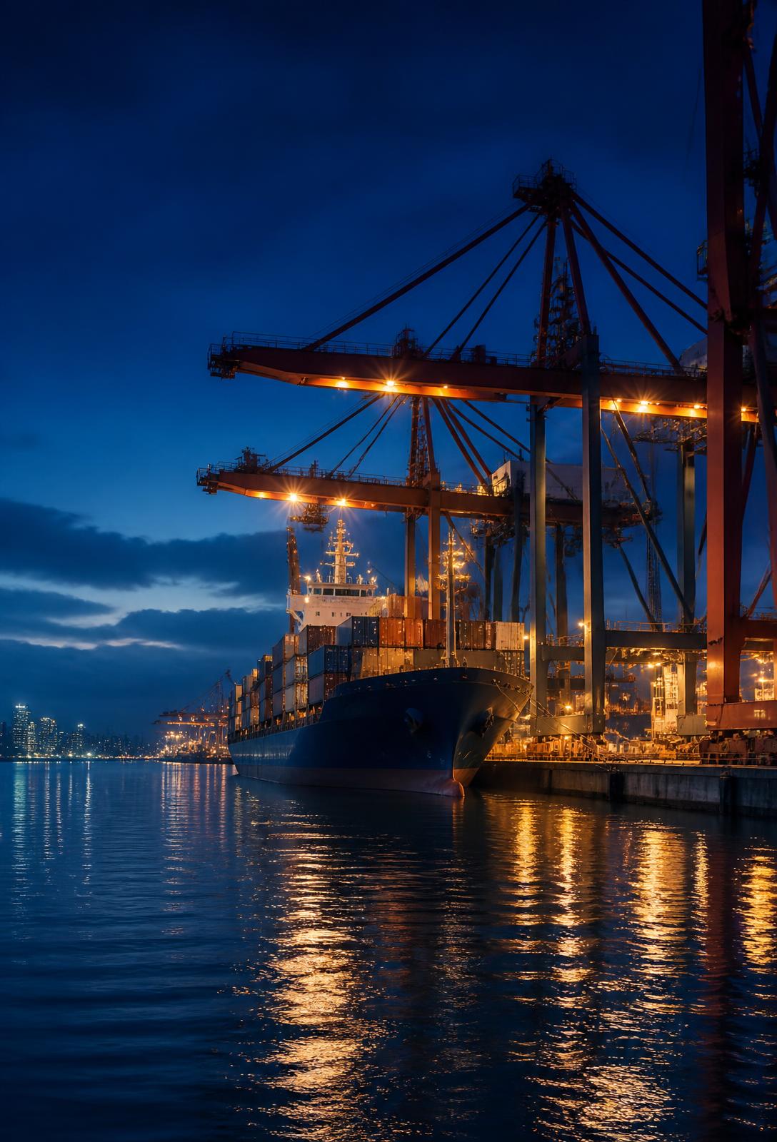 Container terminal at dusk with gantry cranes loading an international cargo vessel