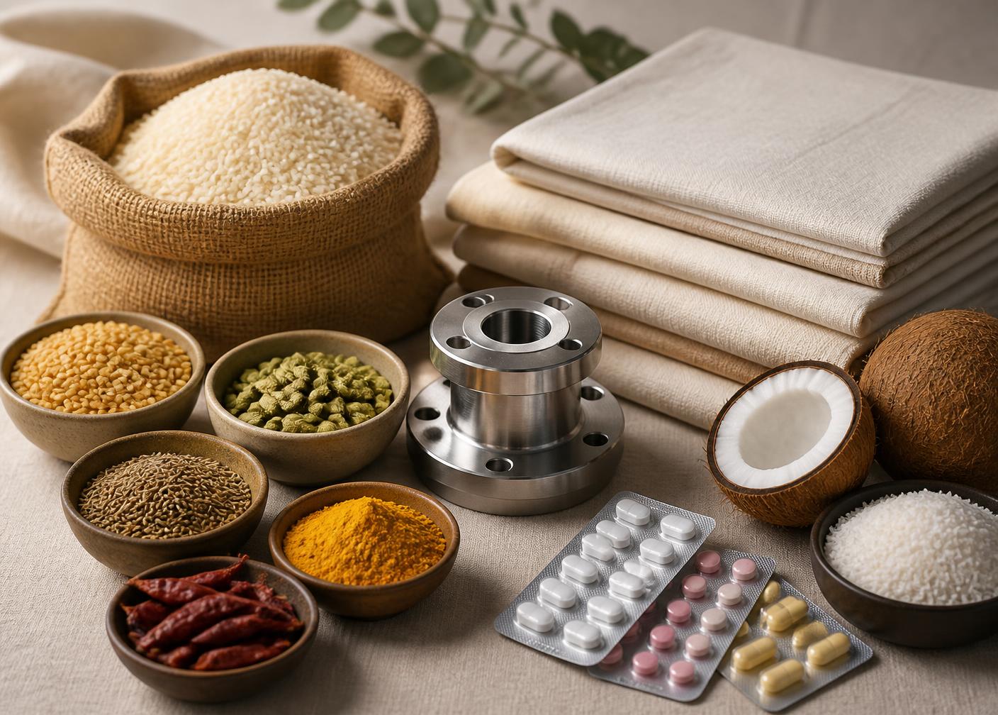 Curated selection of export products: spices, rice, pulses, cotton textiles, machinery components, pharmaceuticals and coconut
